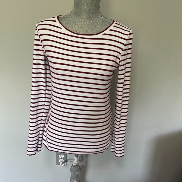 Pixley Burgundy & White Striped Knit top w Leather detail Size M EUC - Picture 2 of 3